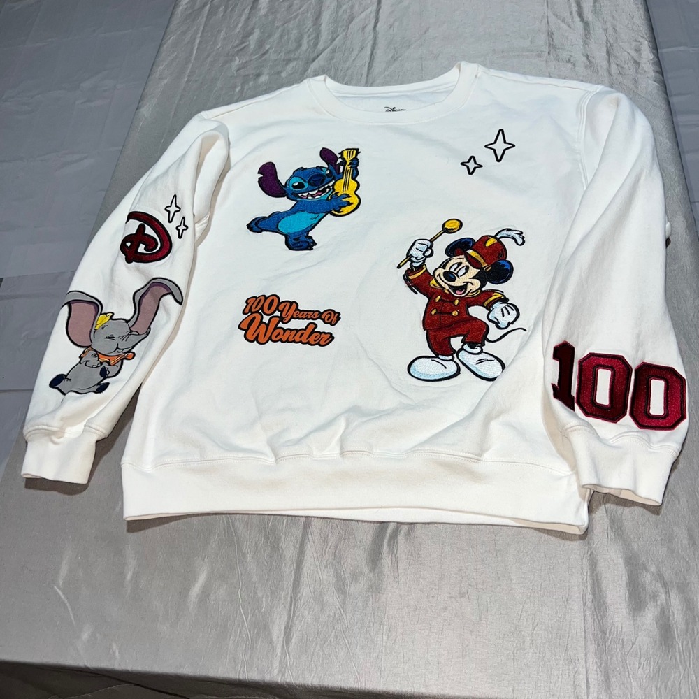 Disney 100 Years of Wonder Mickey Stitch Dumbo White Crewneck Sweatshirt M 7-9